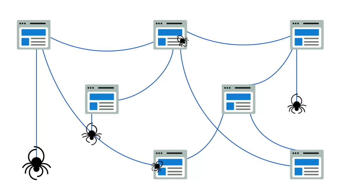 تصویر عنکبوت‌هایی که بین صفحات وب تار تنیده اند که تداعی کننده رفتار موتور‌های جستجو است